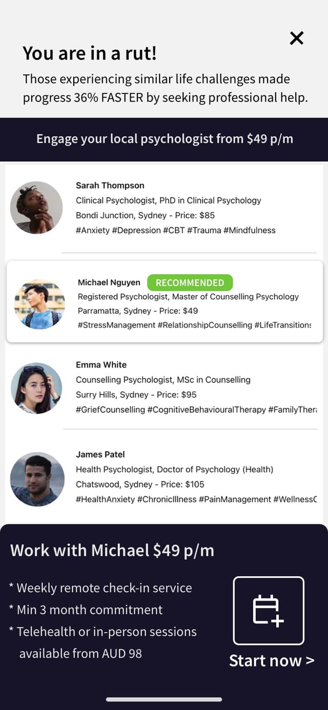 Therapist triage and booking screen