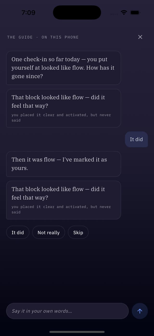 A guided reflection in the Ascenda app, answered on the phone