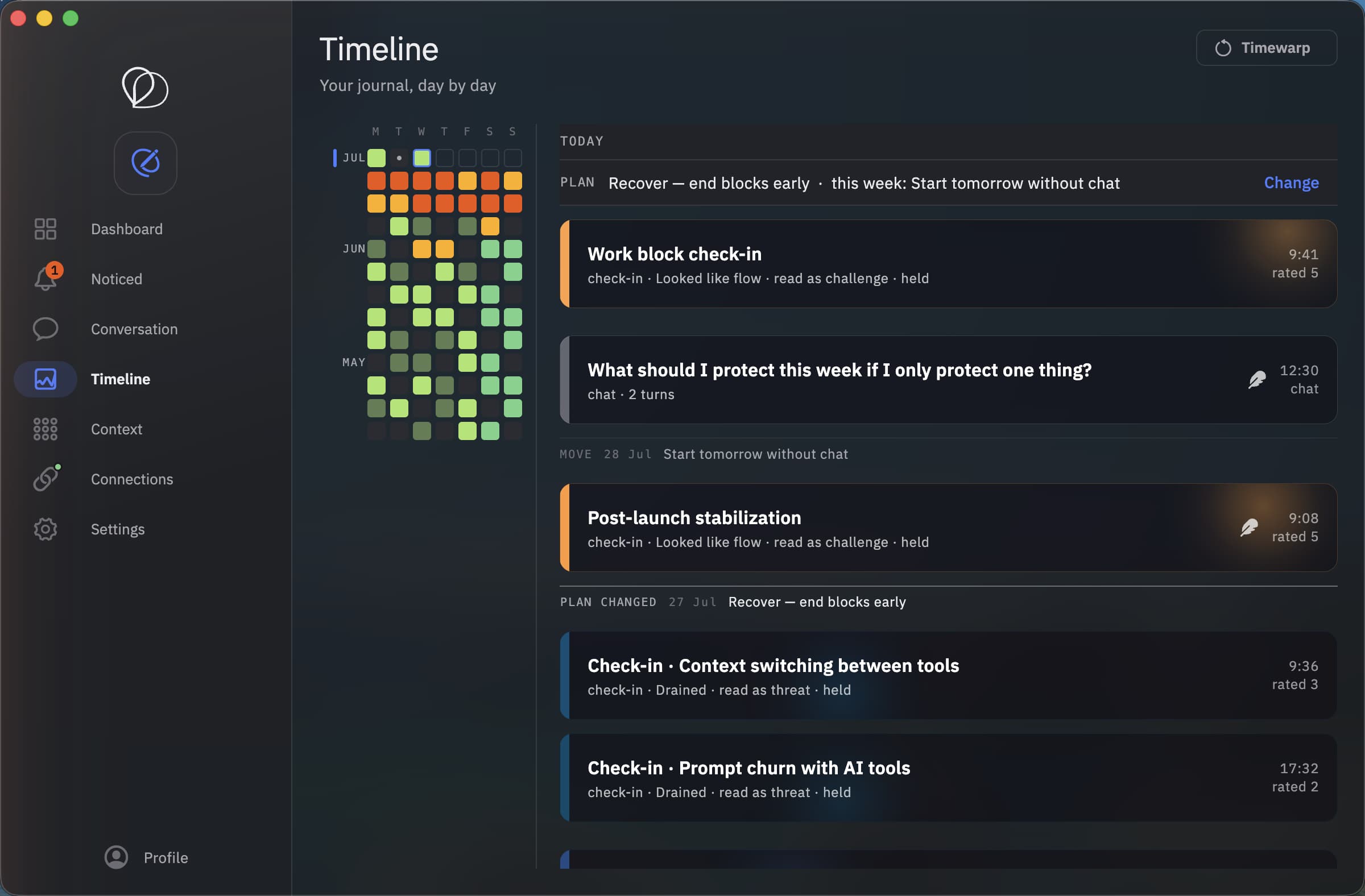 The Ascenda desktop timeline, showing check-ins the engineer titled prompt churn with AI tools and context switching between tools, alongside plan markers